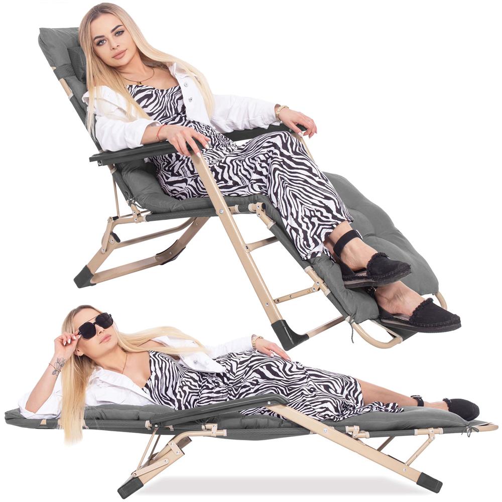 Sezlong pliabil cu perna si suport picioare reglabil, 176x66x92 cm, gri