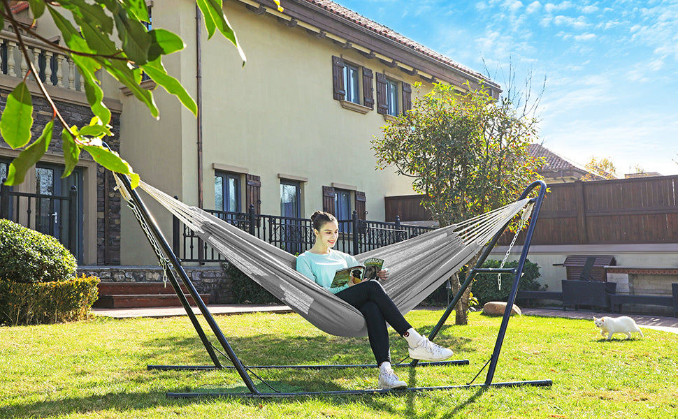 SONGMICS Hamac dublu, accesorii de prindere cu chingi si carabiniere, 210x150 cm, 300 kg, gri