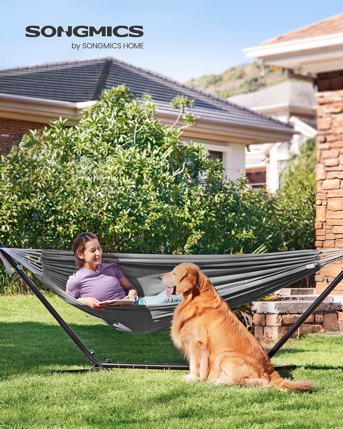 SONGMICS Hamac dublu, accesorii de prindere cu chingi si carabiniere, 210x150 cm, 300 kg, gri