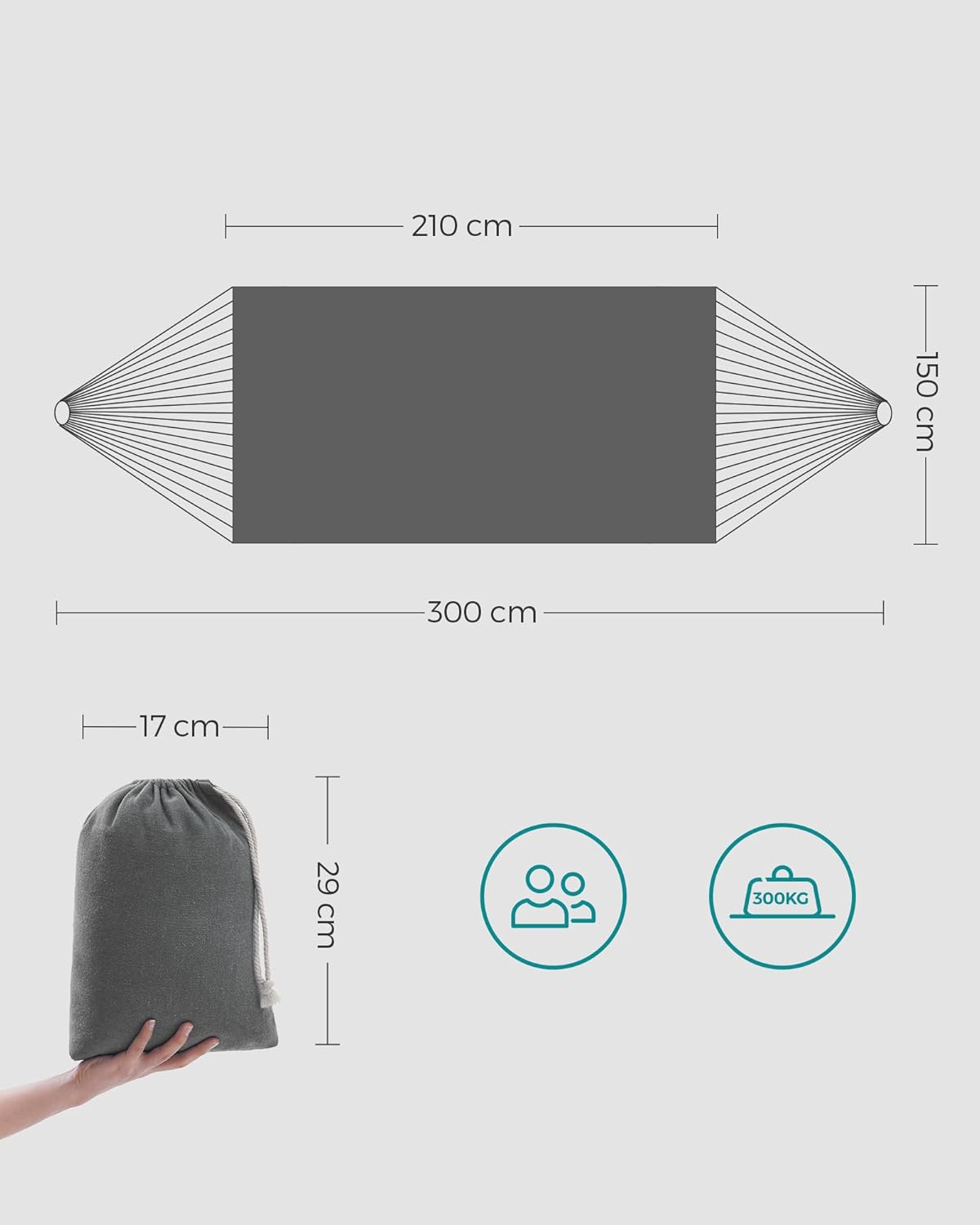 SONGMICS Hamac dublu, accesorii de prindere cu chingi si carabiniere, 210x150 cm, 300 kg, gri