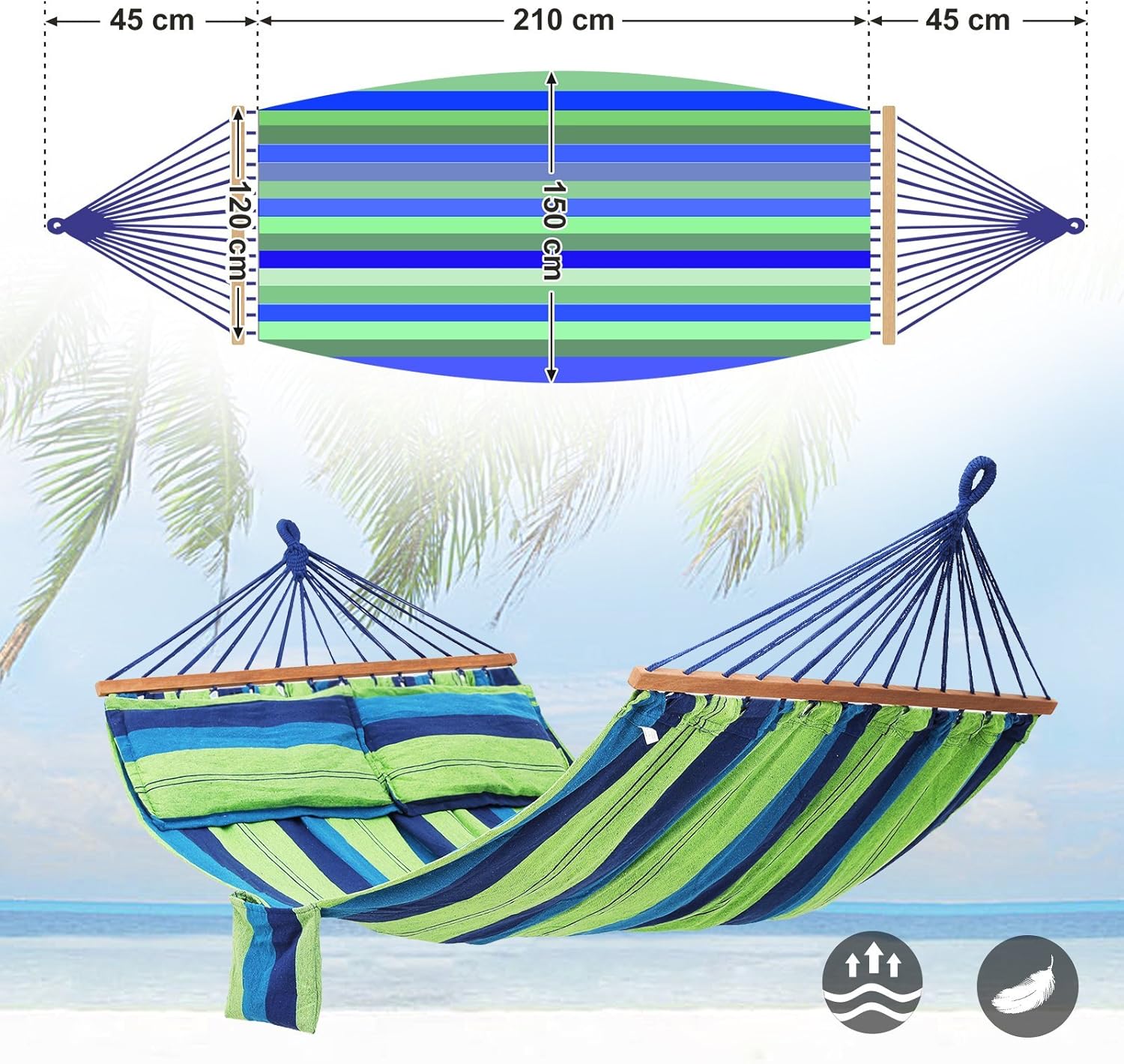SONGMICS Hamac dublu cu bara lemn, perne incluse, maxim 300 kg, 210x150 cm, verde si albastru
