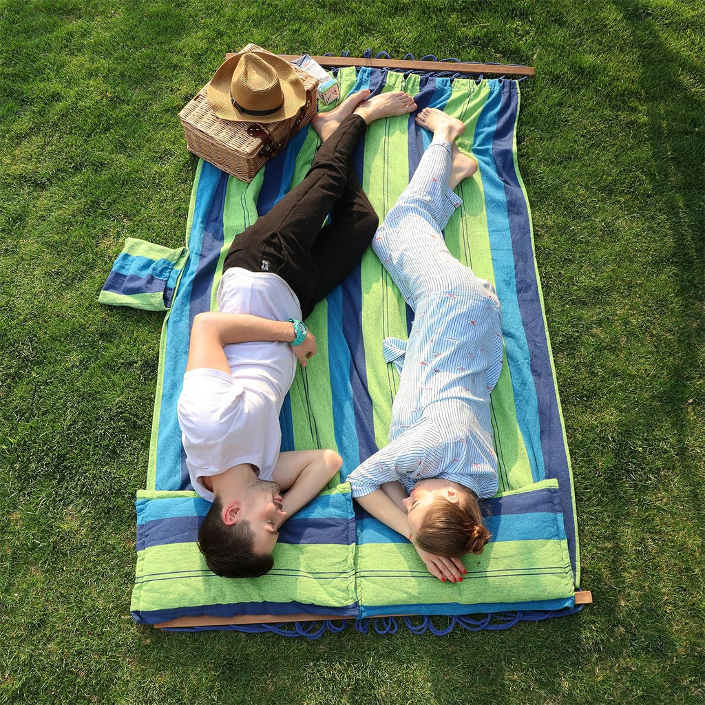 SONGMICS Hamac dublu cu bara lemn, perne incluse, maxim 300 kg, 210x150 cm, verde si albastru