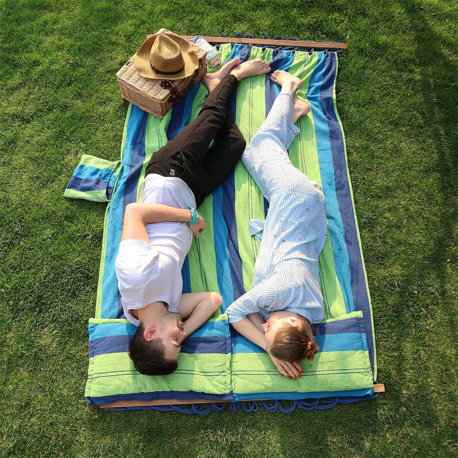 SONGMICS Hamac dublu cu bara lemn, perne incluse, maxim 300 kg, 210x150 cm, verde si albastru