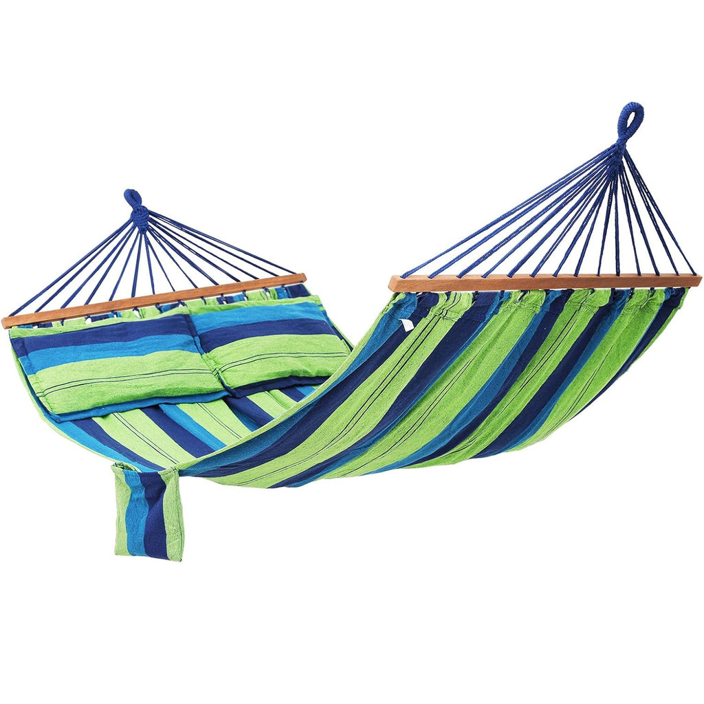 SONGMICS Hamac dublu cu bara lemn, perne incluse, maxim 300 kg, 210x150 cm, verde si albastru