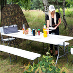 Banca pliabila, cu maner, HDPE si cadru metalic, 180x30x43 cm, alb/gri