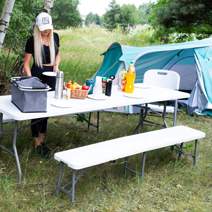 Banca pliabila, cu maner, HDPE si cadru metalic, 180x30x43 cm, alb/gri