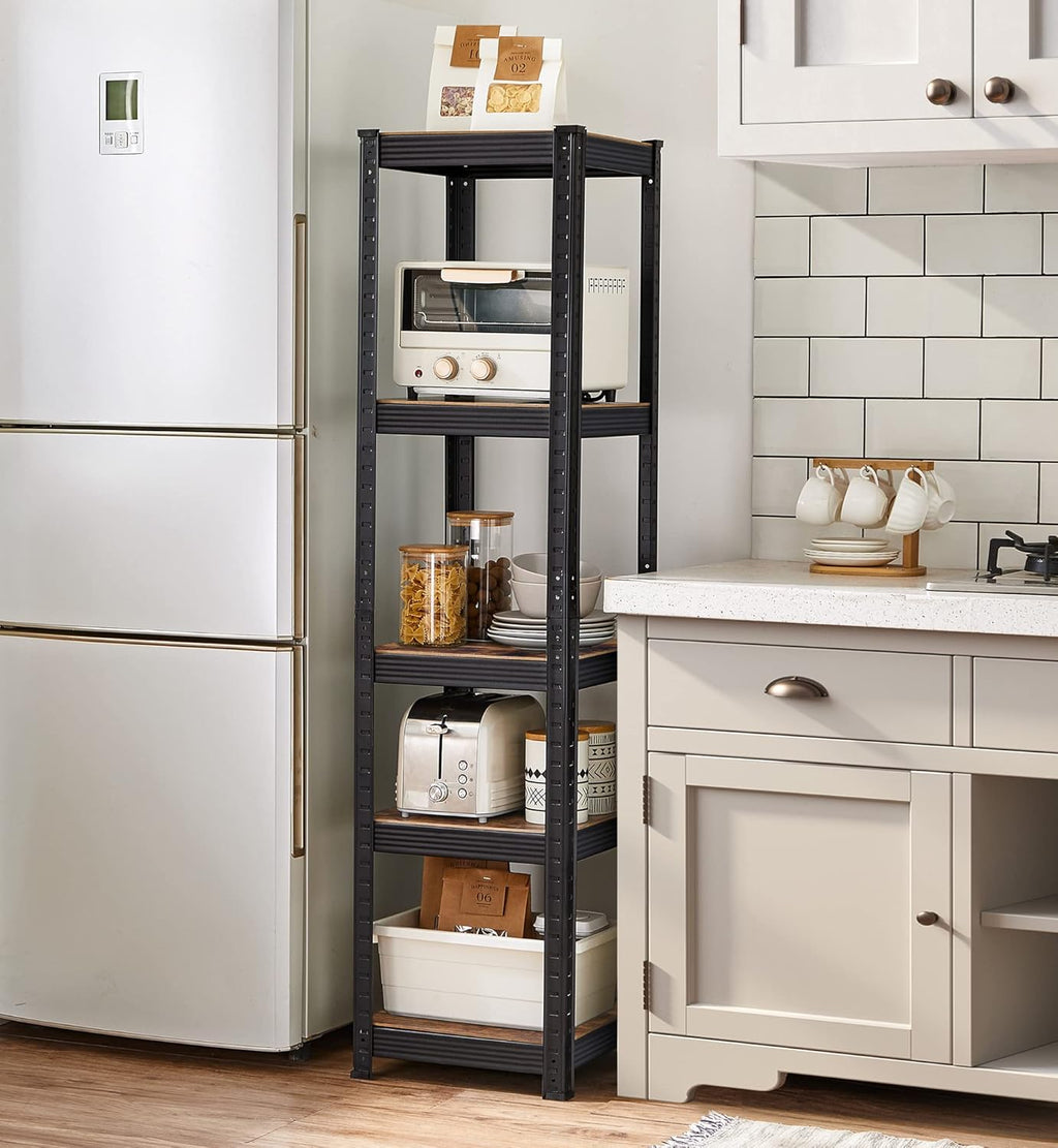 SONGMICS Etajera 5 rafturi ajustabile, structura metalica, stil industrial, MDF, 37x37x150 cm, maro si negru