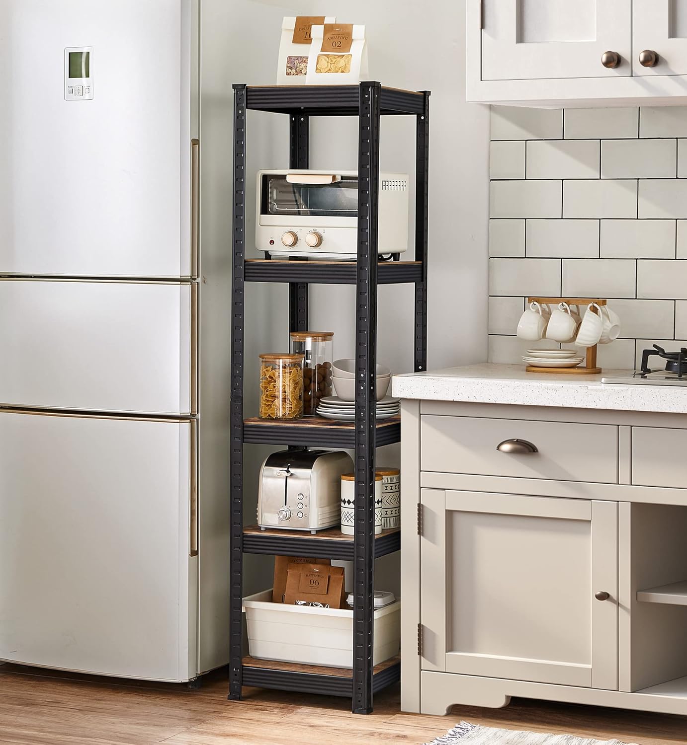 SONGMICS Etajera 5 rafturi ajustabile, structura metalica, stil industrial, MDF, 37x37x150 cm, maro si negru