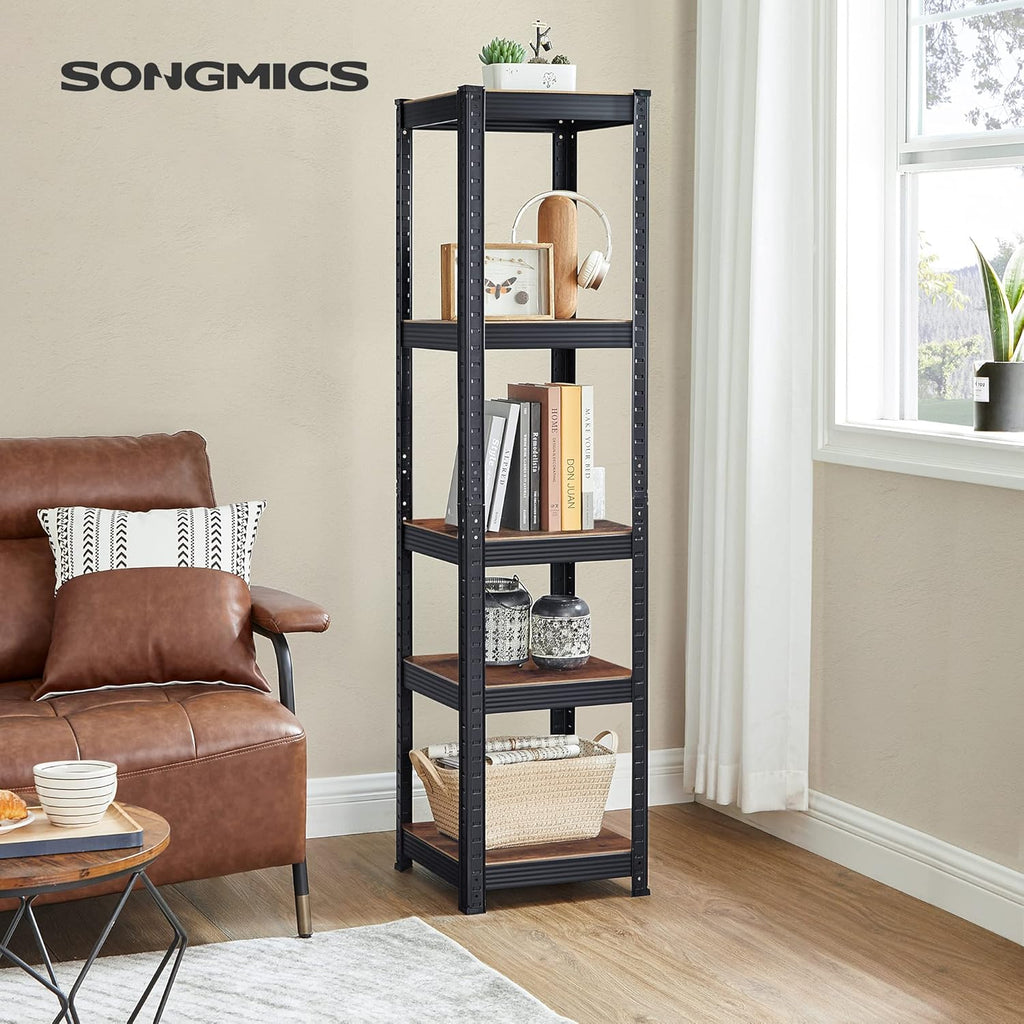 SONGMICS Etajera 5 rafturi ajustabile, structura metalica, stil industrial, MDF, 37x37x150 cm, maro si negru