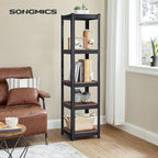SONGMICS Etajera 5 rafturi ajustabile, structura metalica, stil industrial, MDF, 37x37x150 cm, maro si negru