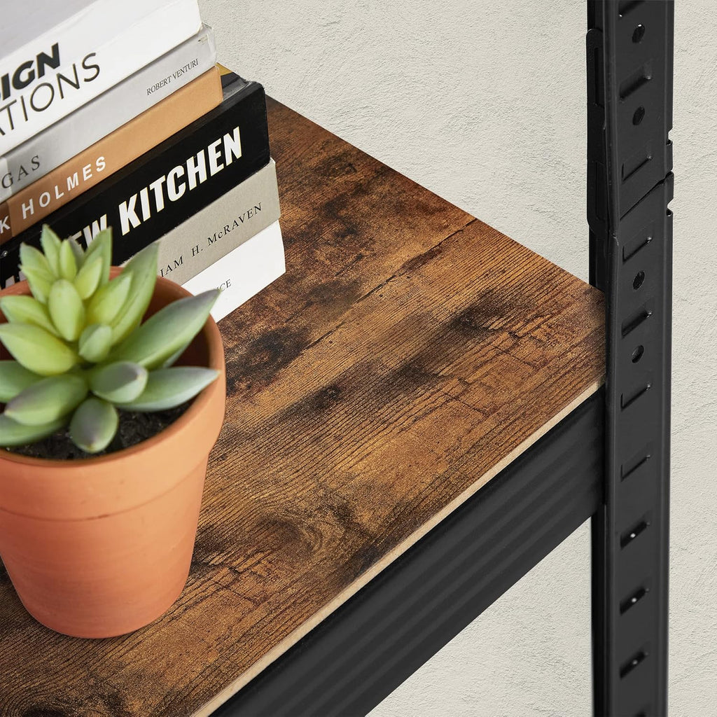 SONGMICS Etajera 5 rafturi ajustabile, structura metalica, stil industrial, MDF, 37x37x150 cm, maro si negru