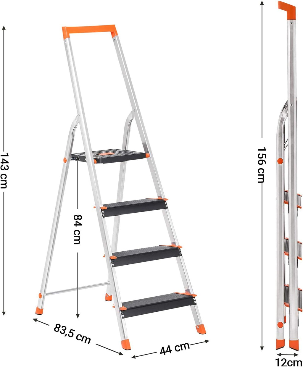 SONGMICS Scara aluminiu pliabila cu 4 trepte, latime trepte 12 cm, cu maner, sarcina 150 kg, 44x156 cm