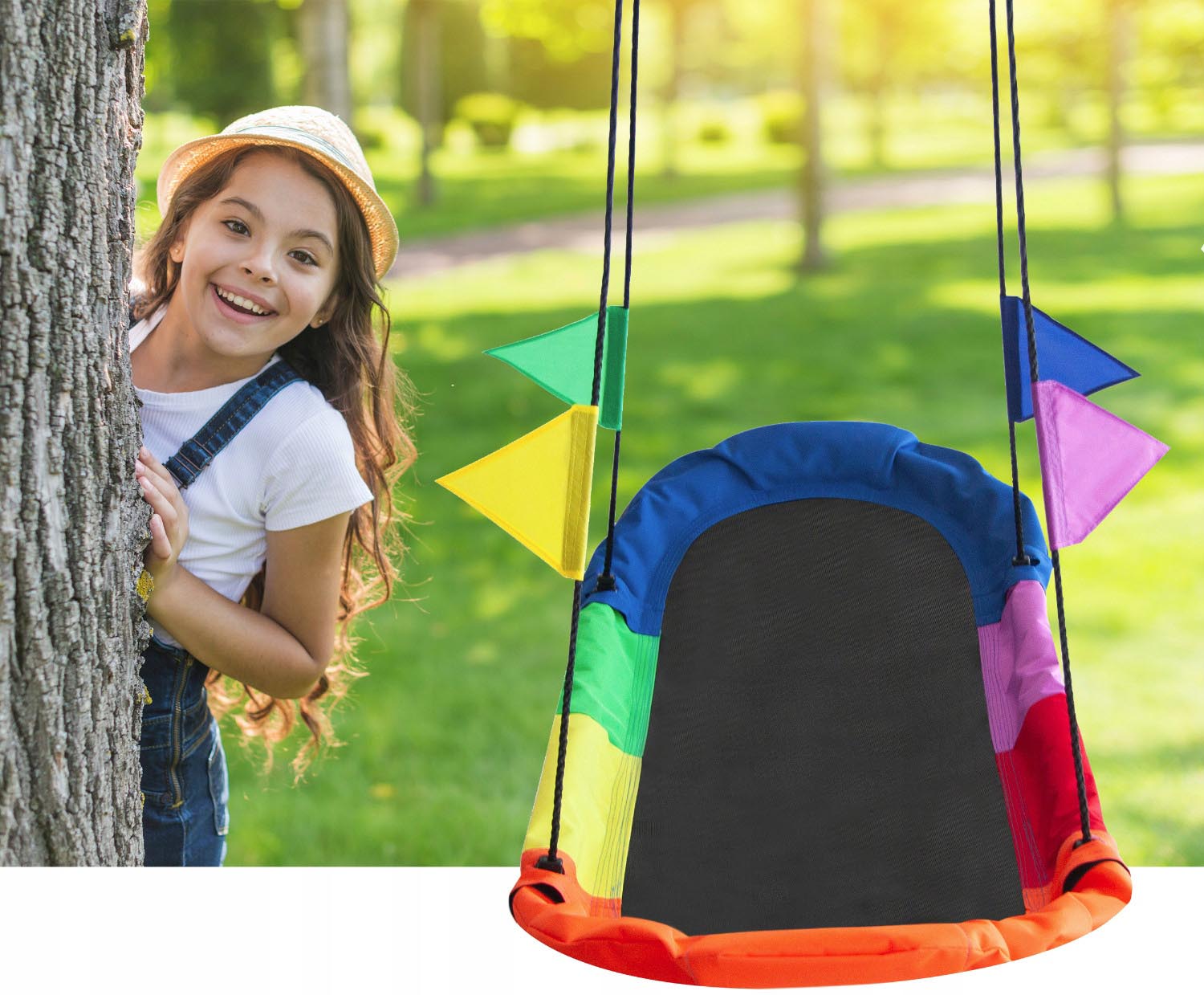 Leagan tip hamac 167x75 cm, cu rama metalica si steaguri colorate, prindere dubla, multicolor