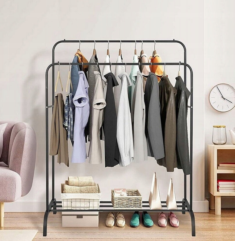 Suport metalic pentru haine 110x55x145 cm, cu bara dubla si raft pentru incaltaminte, negru
