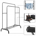 Suport metalic pentru haine 110x55x145 cm, cu bara dubla si raft pentru incaltaminte, negru