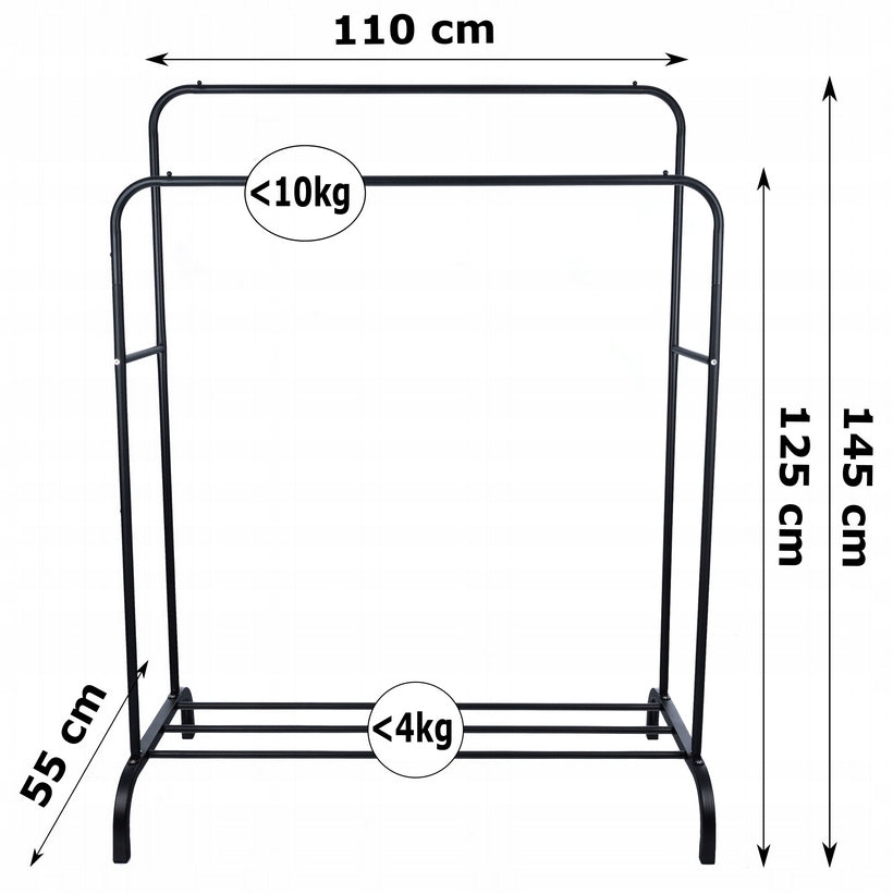 Suport metalic pentru haine 110x55x145 cm, cu bara dubla si raft pentru incaltaminte, negru