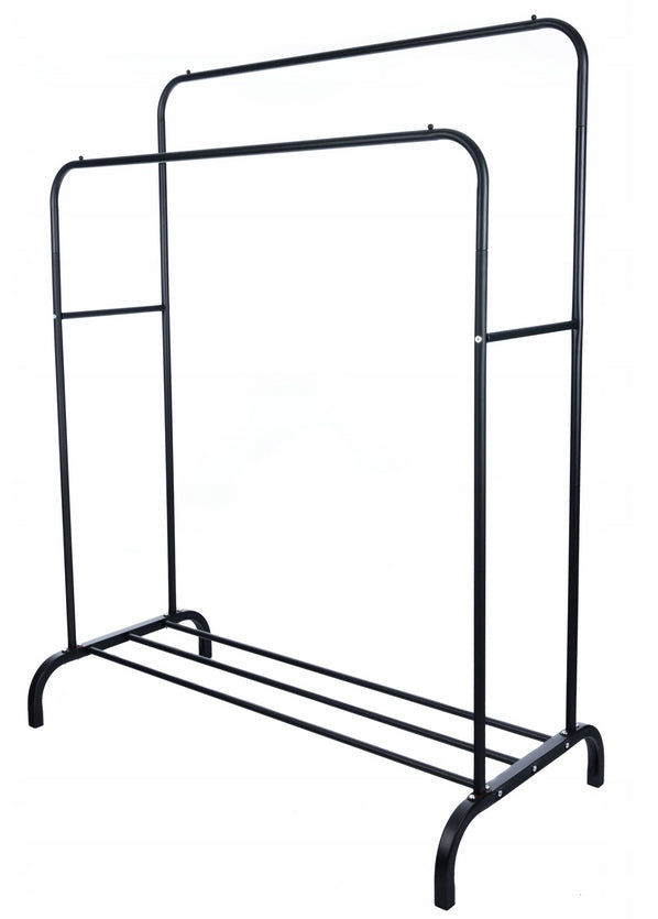 Suport metalic pentru haine 110x55x145 cm, cu bara dubla si raft pentru incaltaminte, negru