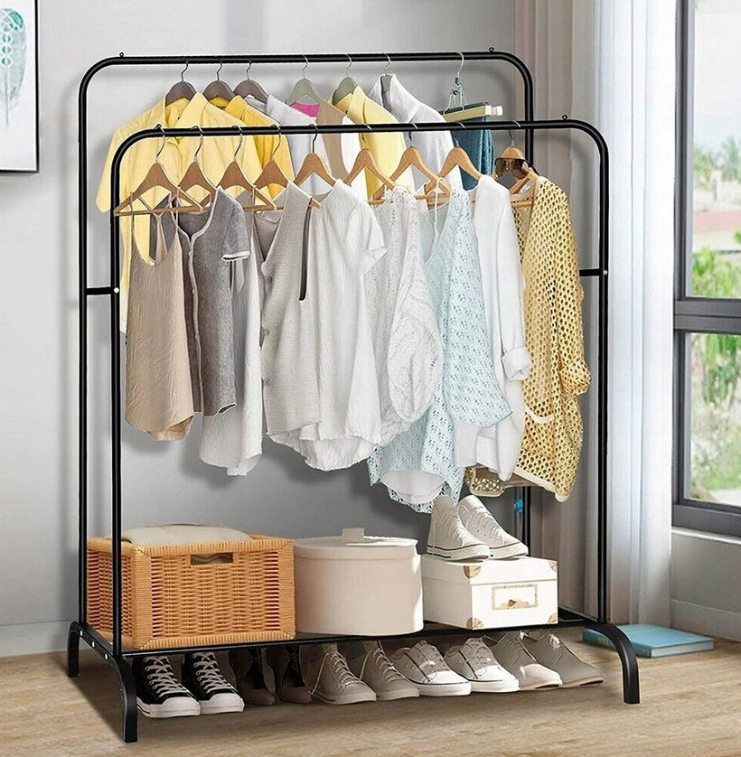 Suport metalic pentru haine 110x55x145 cm, cu bara dubla si raft pentru incaltaminte, negru
