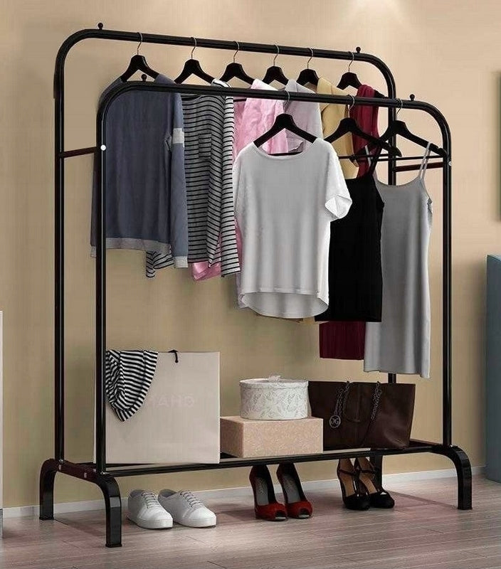 Suport metalic pentru haine 110x55x145 cm, cu bara dubla si raft pentru incaltaminte, negru
