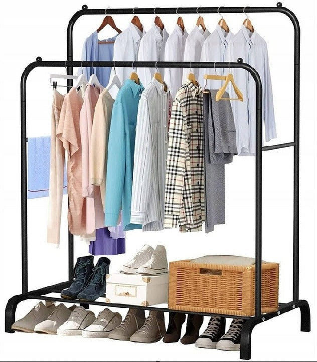 Suport metalic pentru haine 110x55x145 cm, cu bara dubla si raft pentru incaltaminte, negru