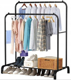 Suport metalic pentru haine 110x55x145 cm, cu bara dubla si raft pentru incaltaminte, negru