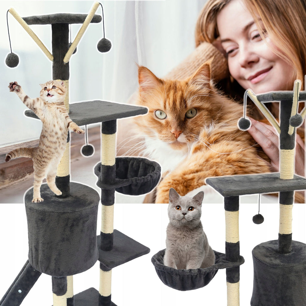 Ansamblu de joaca pentru pisici 51x36x138 cm, cu 6 niveluri, sisal si jucarii, negru