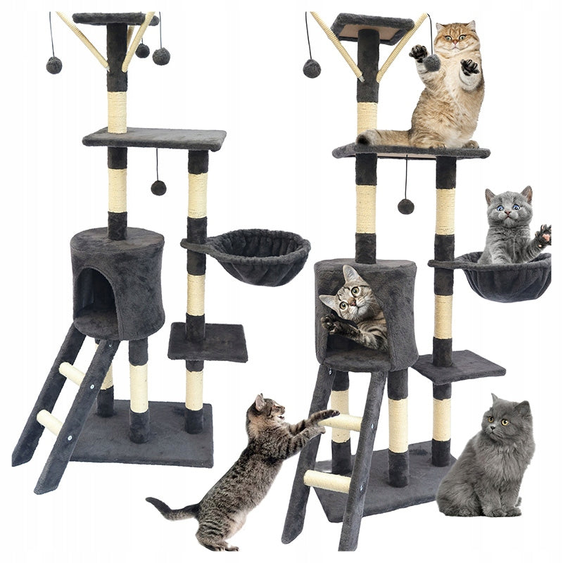 Ansamblu de joaca pentru pisici 51x36x138 cm, cu 6 niveluri, sisal si jucarii, negru