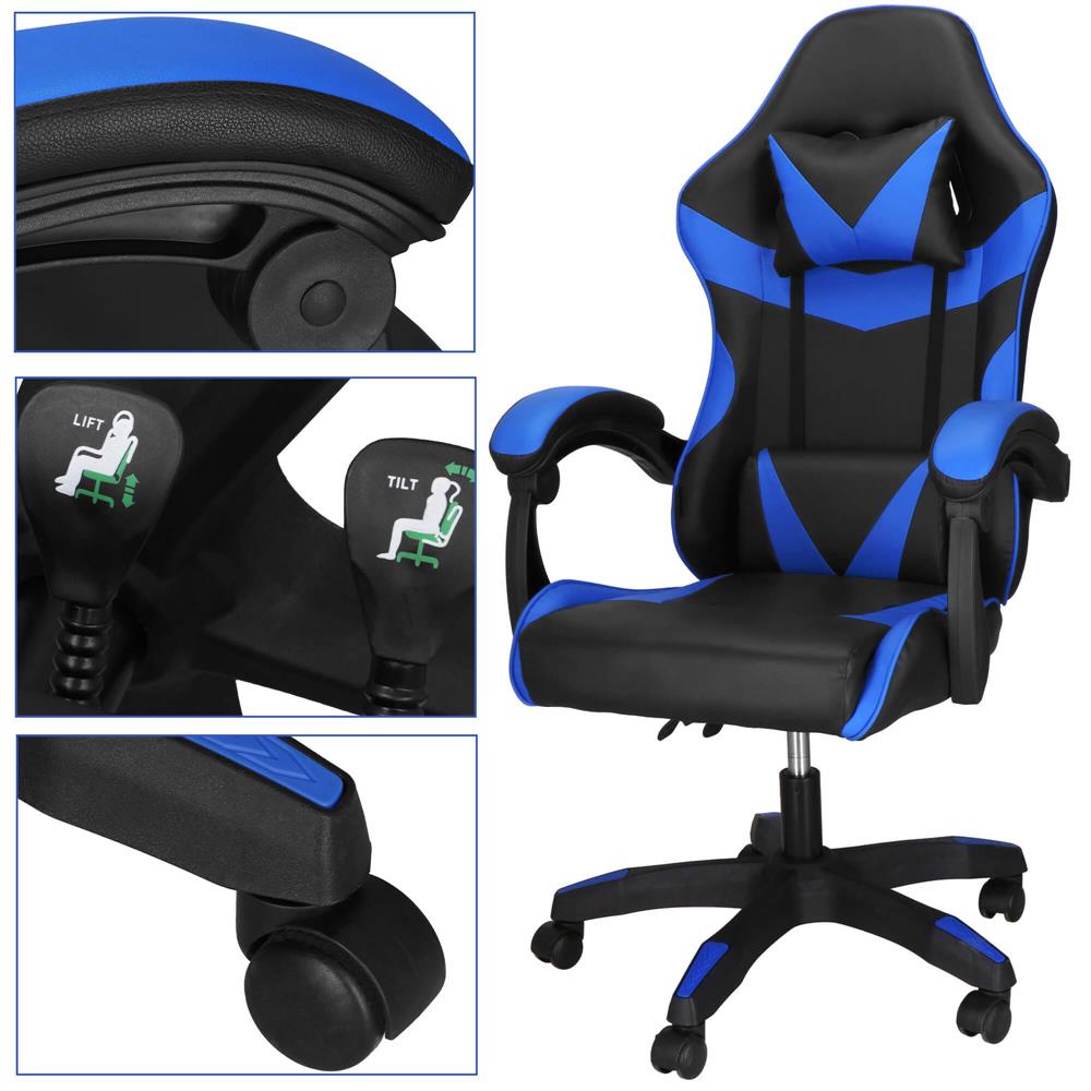 Scaun birou pentru gaming, ergonomic, suport lombar si tetiera, 114-123x55x50 cm, negru si albastru