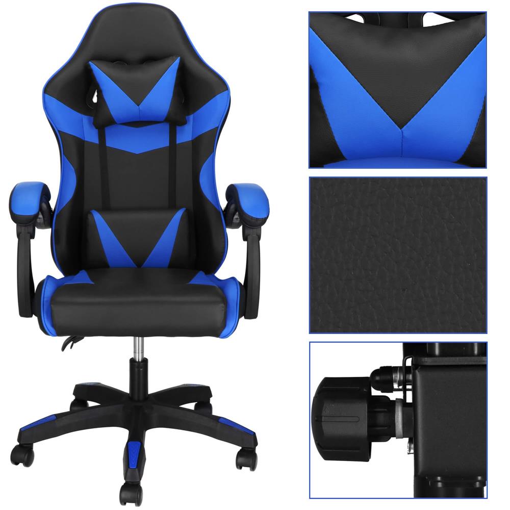 Scaun birou pentru gaming, ergonomic, suport lombar si tetiera, 114-123x55x50 cm, negru si albastru