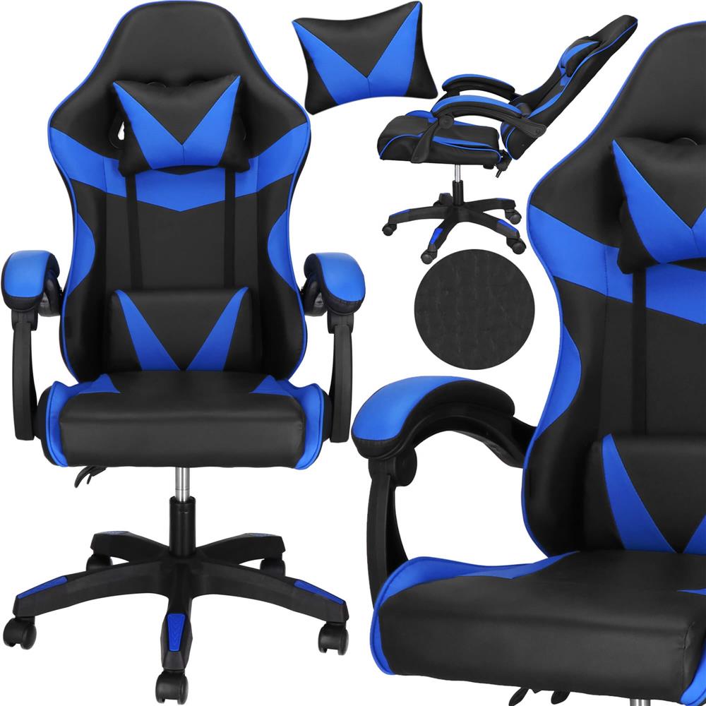 Scaun birou pentru gaming, ergonomic, suport lombar si tetiera, 114-123x55x50 cm, negru si albastru