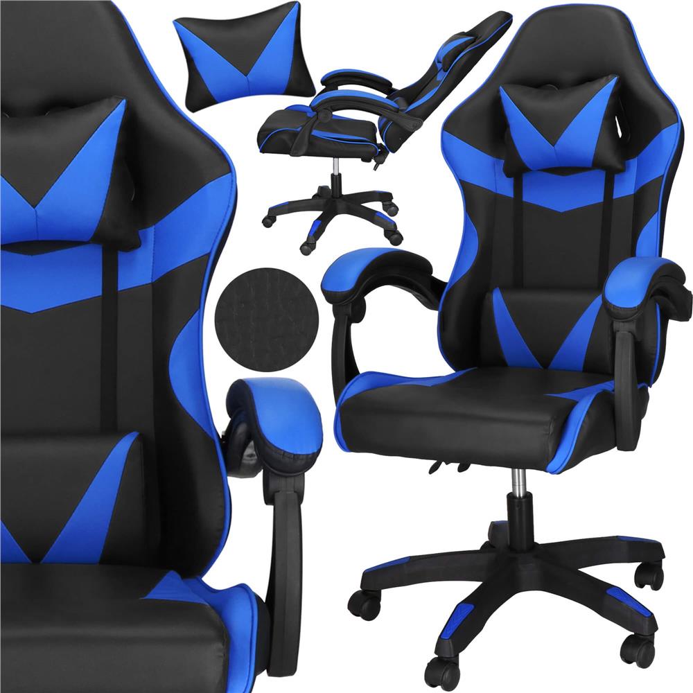 Scaun birou pentru gaming, ergonomic, suport lombar si tetiera, 114-123x55x50 cm, negru si albastru
