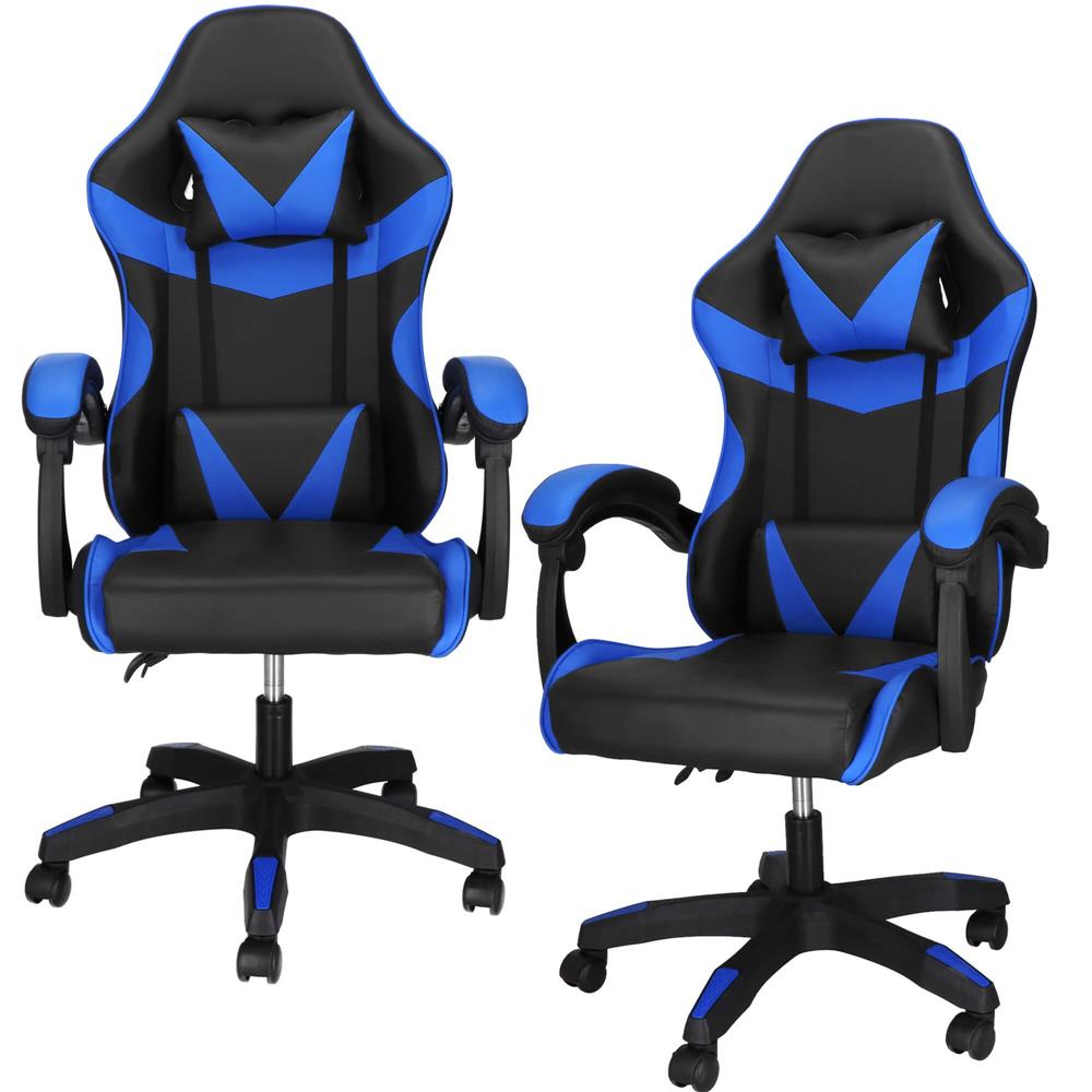 Scaun birou pentru gaming, ergonomic, suport lombar si tetiera, 114-123x55x50 cm, negru si albastru