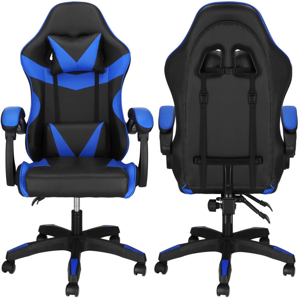 Scaun birou pentru gaming, ergonomic, suport lombar si tetiera, 114-123x55x50 cm, negru si albastru