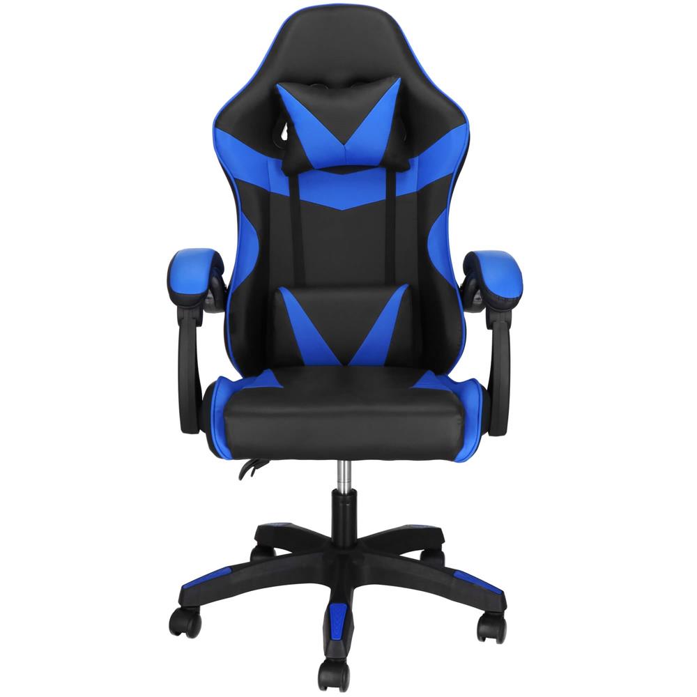 Scaun birou pentru gaming, ergonomic, suport lombar si tetiera, 114-123x55x50 cm, negru si albastru