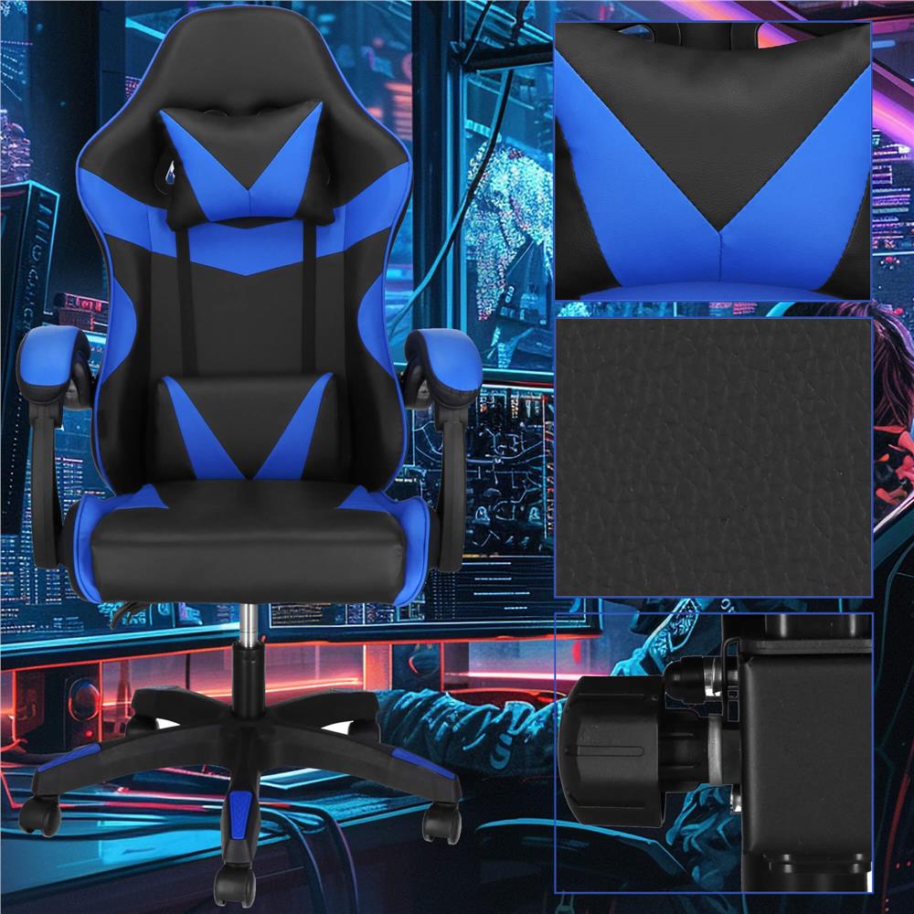 Scaun birou pentru gaming, ergonomic, suport lombar si tetiera, 114-123x55x50 cm, negru si albastru