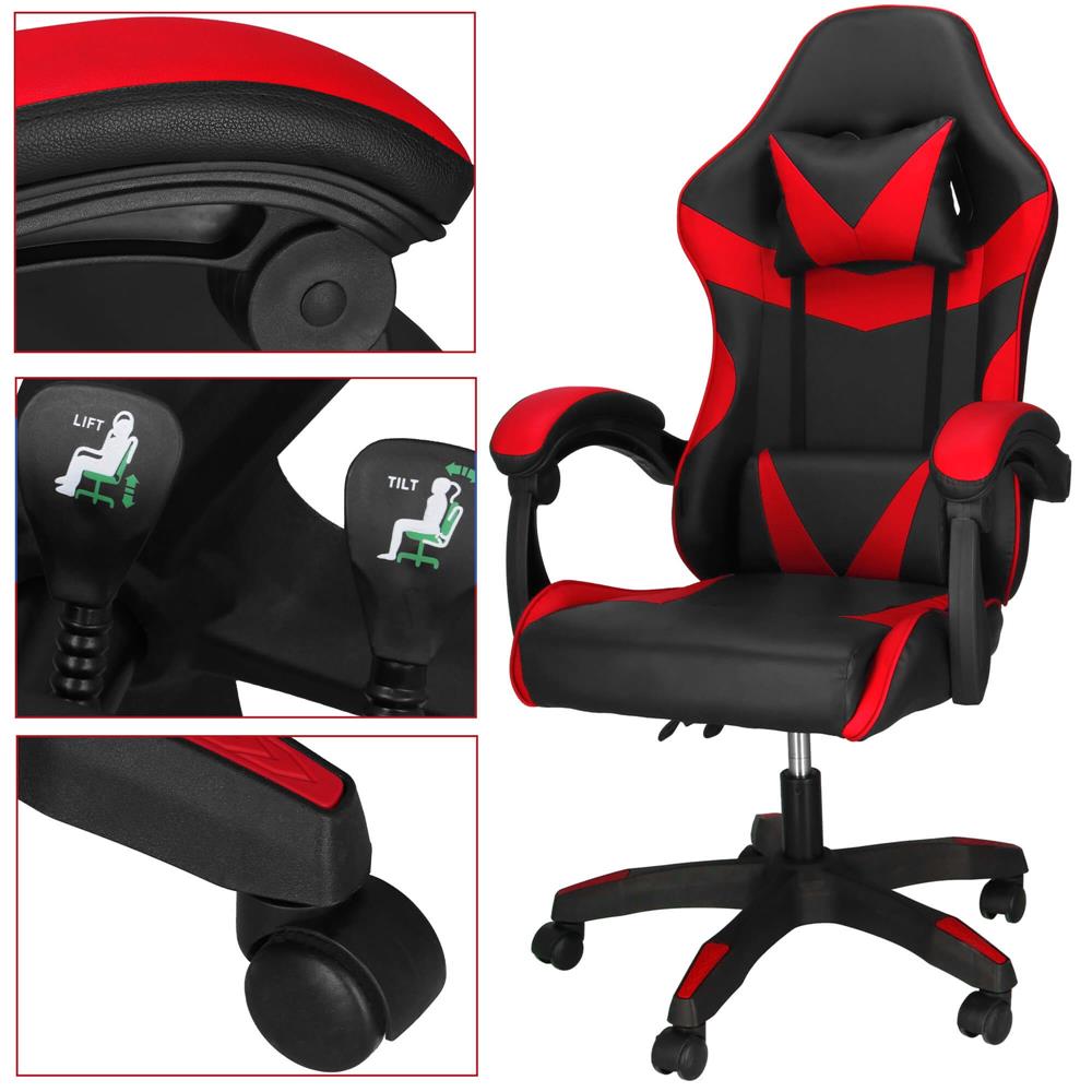 Scaun birou pentru gaming, ergonomic, suport lombar si tetiera, 114-123x55x50 cm, negru si rosu