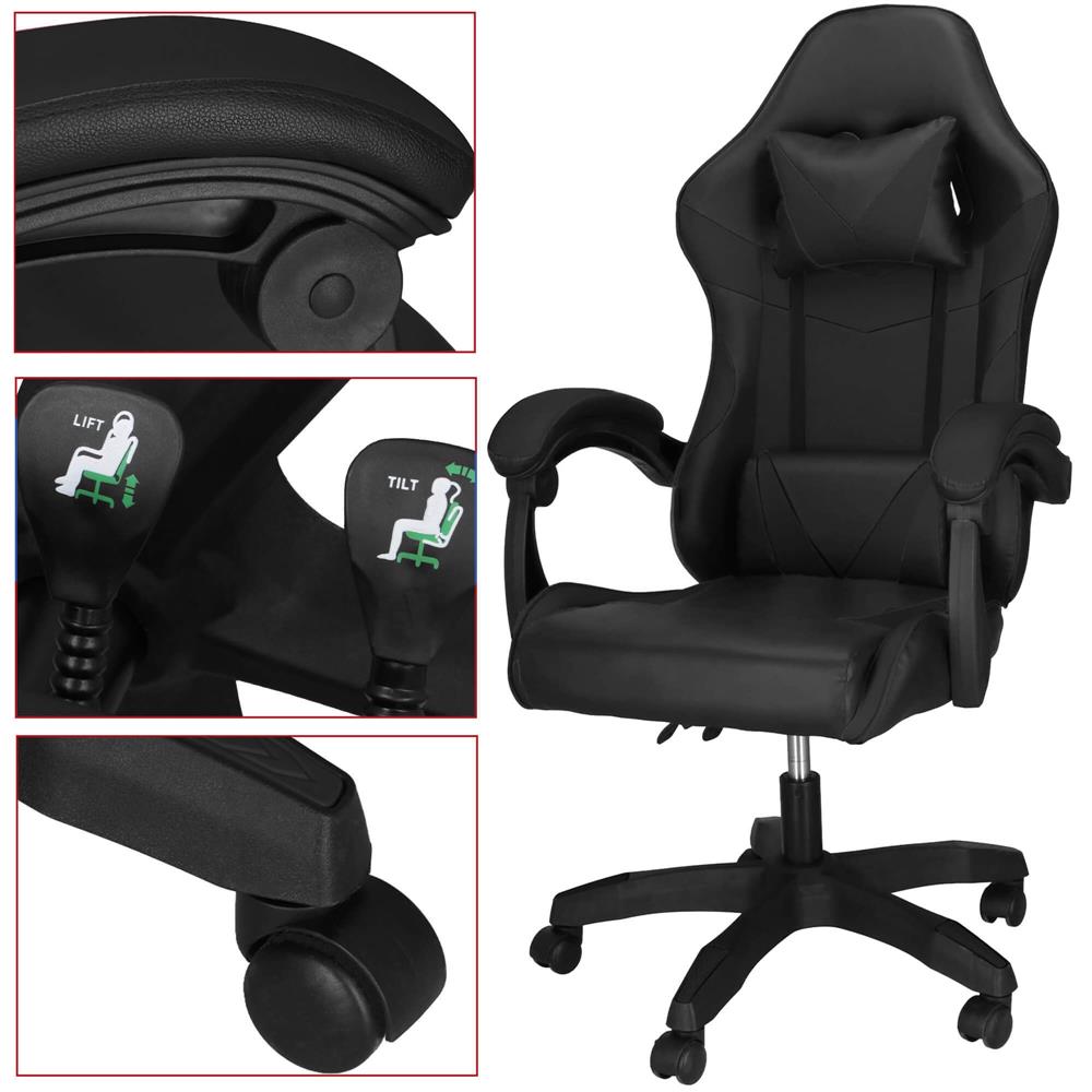 Scaun birou pentru gaming, ergonomic, suport lombar si tetiera, 114-123x55x50 cm, negru