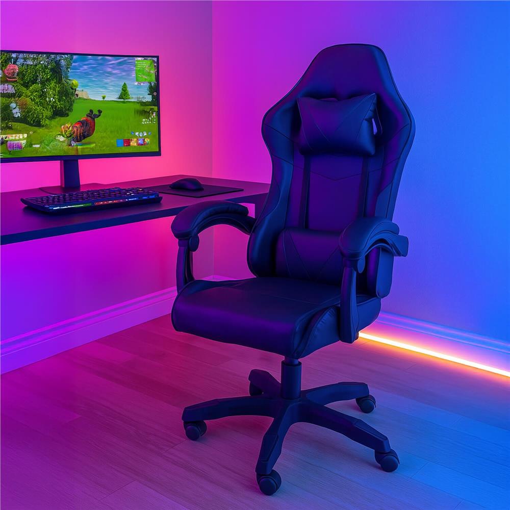 Scaun birou pentru gaming, ergonomic, suport lombar si tetiera, 114-123x55x50 cm, negru