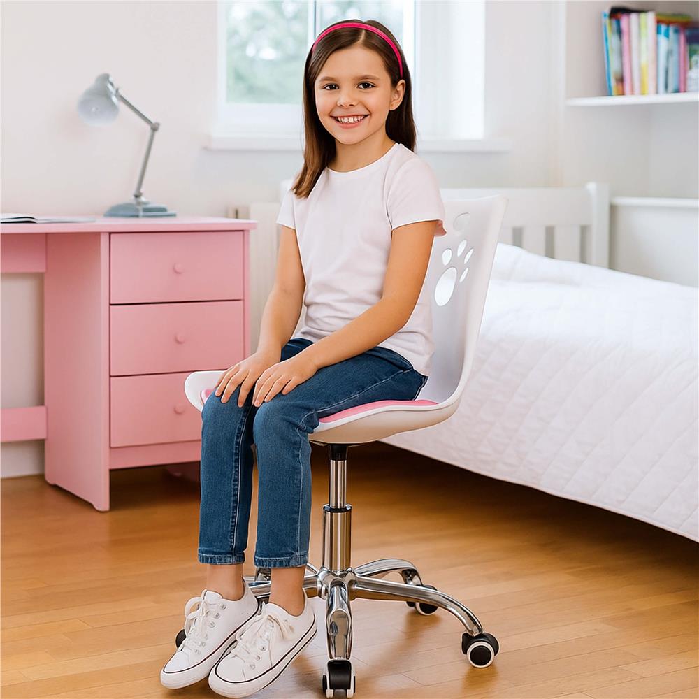 Scaun birou ergonomic, cu sezut din spuma, reglabil pe inaltime, maxim 120 kg, 90x49x48 cm, alb si roz