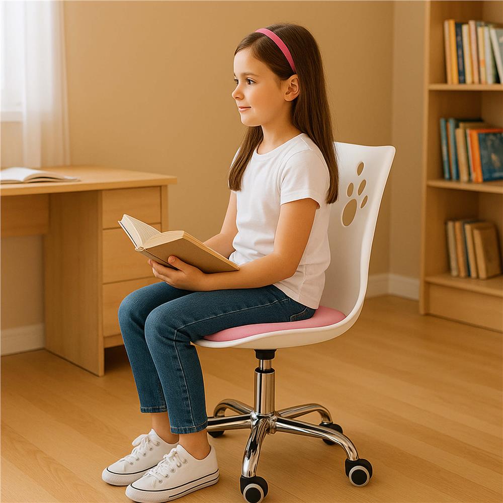 Scaun birou ergonomic, cu sezut din spuma, reglabil pe inaltime, maxim 120 kg, 90x49x48 cm, alb si roz