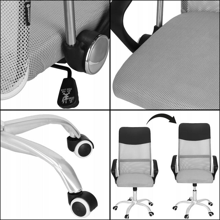 Scaun de birou ergonomic cu reglaj pe inaltime, material tip mesh si ecopiele, 58x60x117 cm, gri