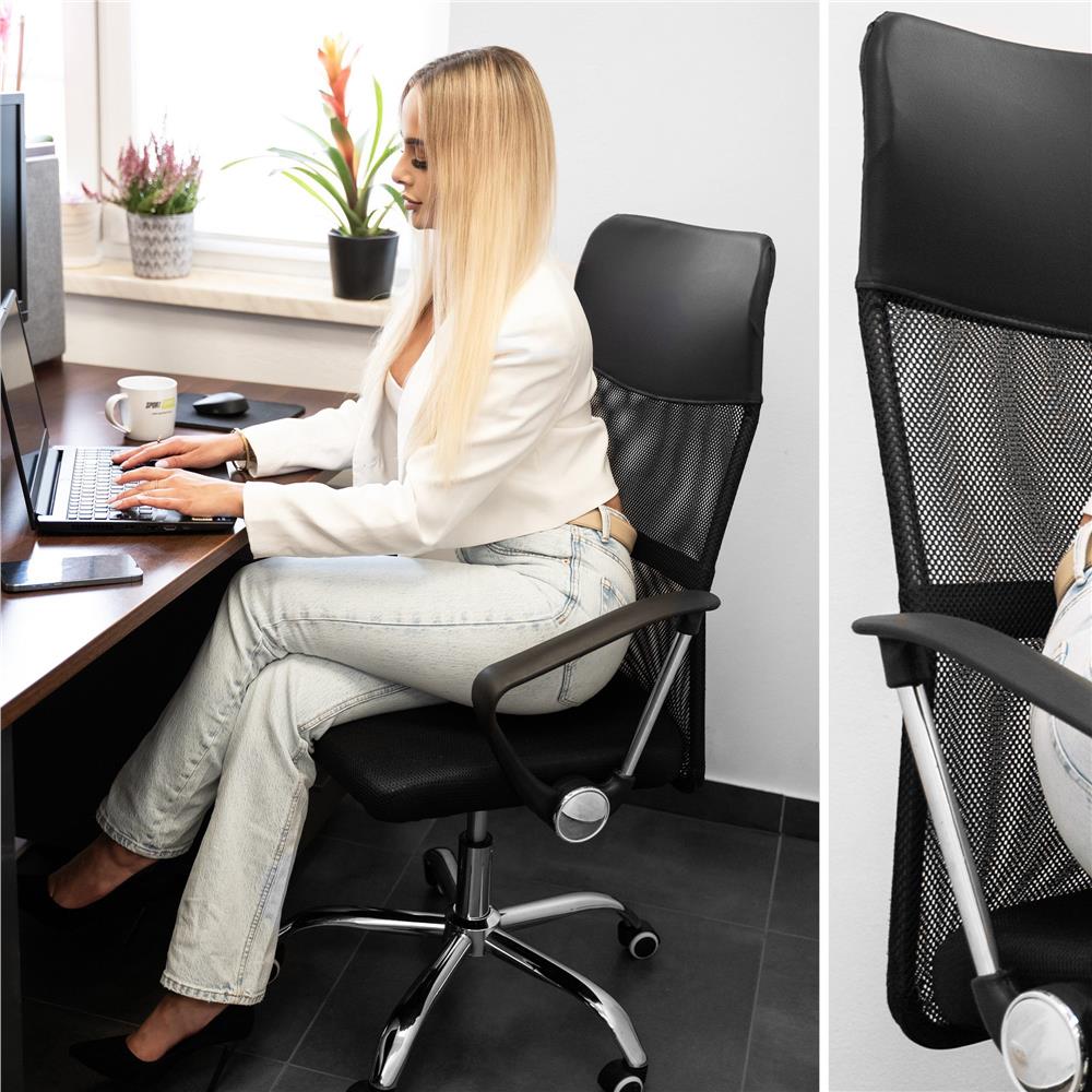 Scaun birou reglabil, ergonomic, cu spatar din microplasa respirabila si baza metalica cromata, 117x58x60 cm, negru