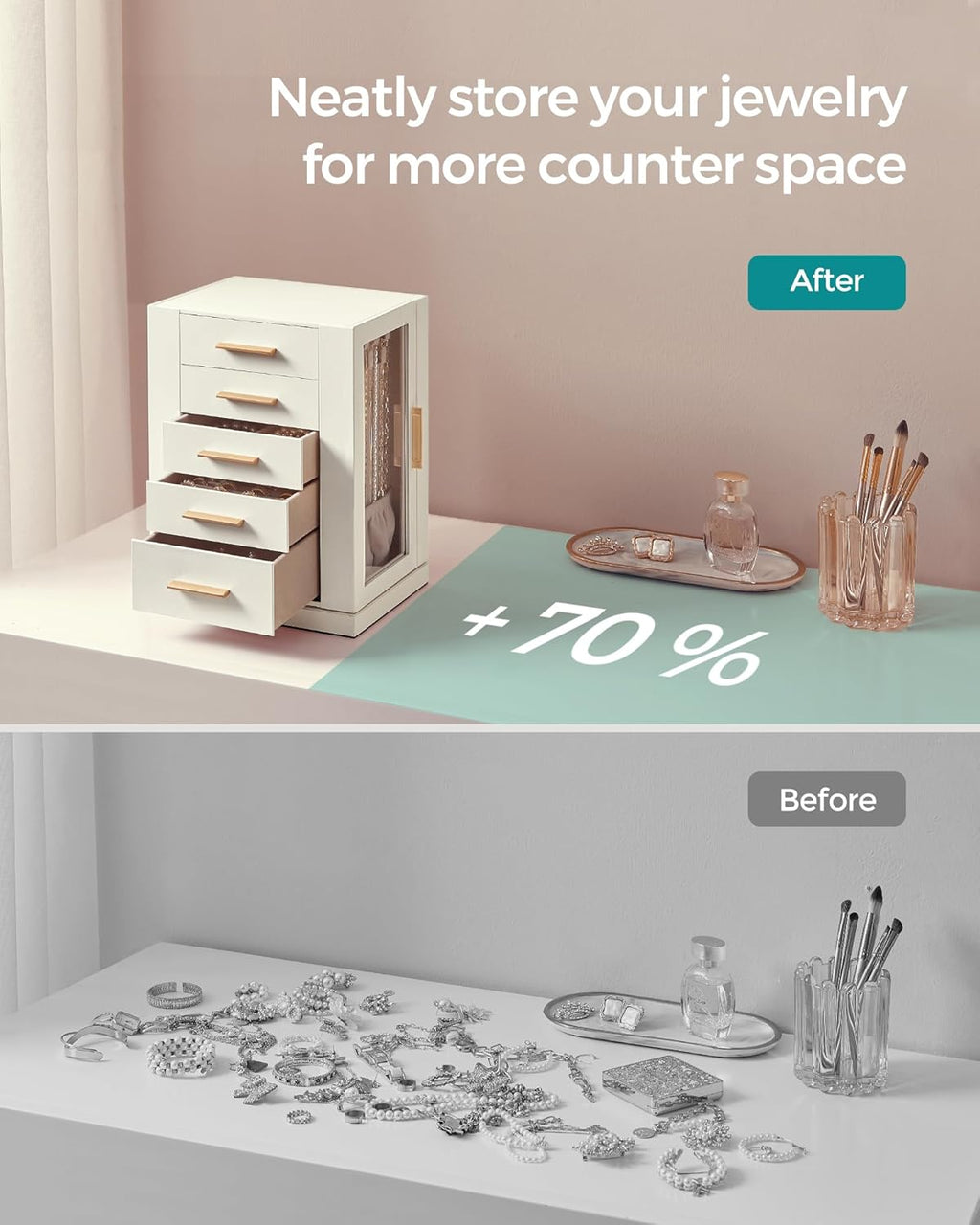 SONGMICS Cutie bijuterii rotativa 360°, cu 5 sertare si ferestre, MDF si catifea, 22x16x29 cm, alb