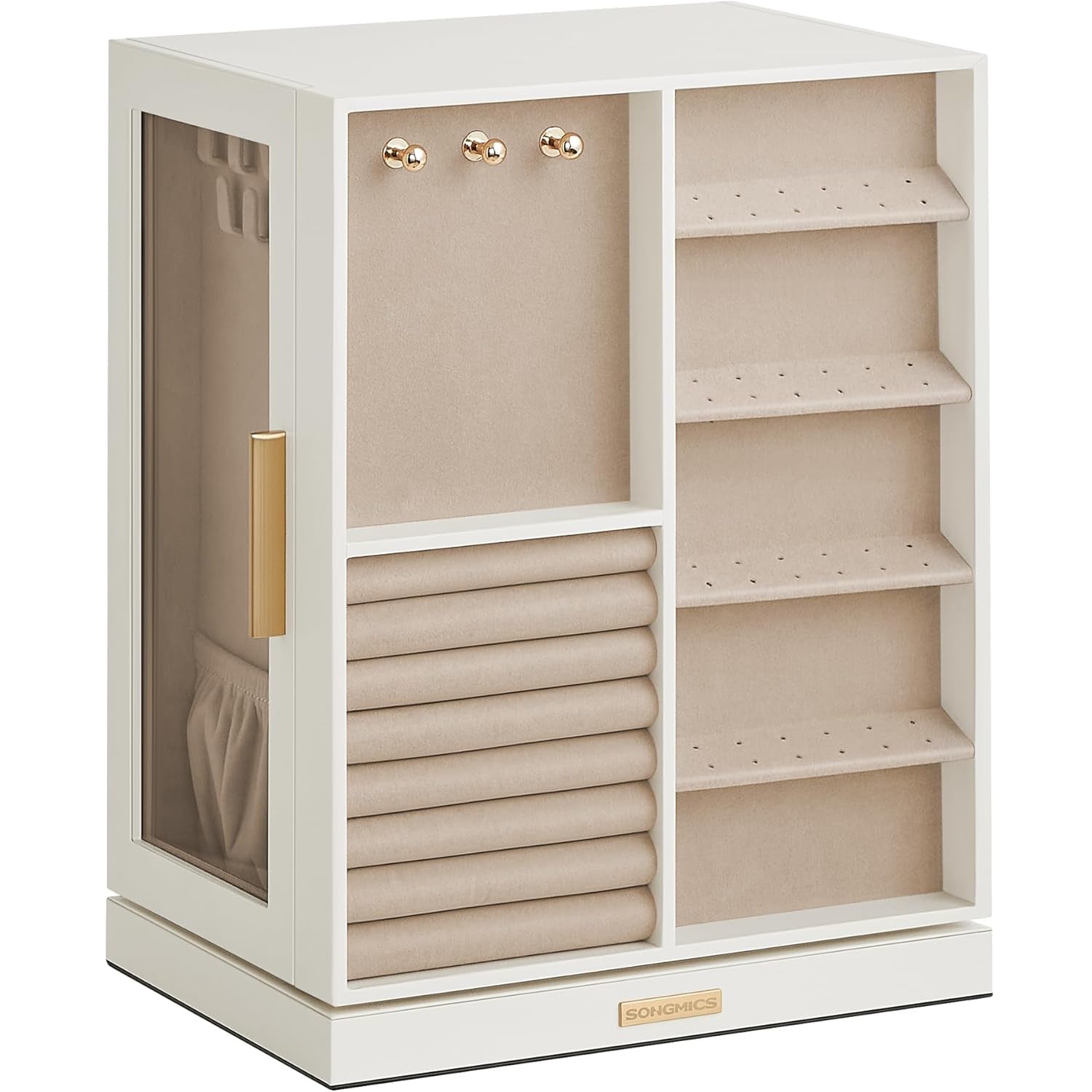 SONGMICS Cutie bijuterii rotativa 360°, cu 5 sertare si ferestre, MDF si catifea, 22x16x29 cm, alb
