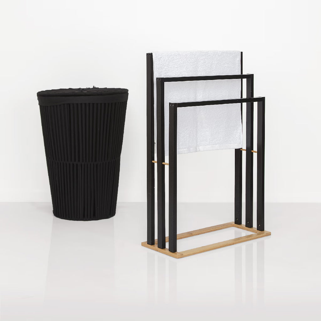 Suport prosoape 5Five Natureo cu 3 brate, 55x24x82 cm, MDF si bambus, negru