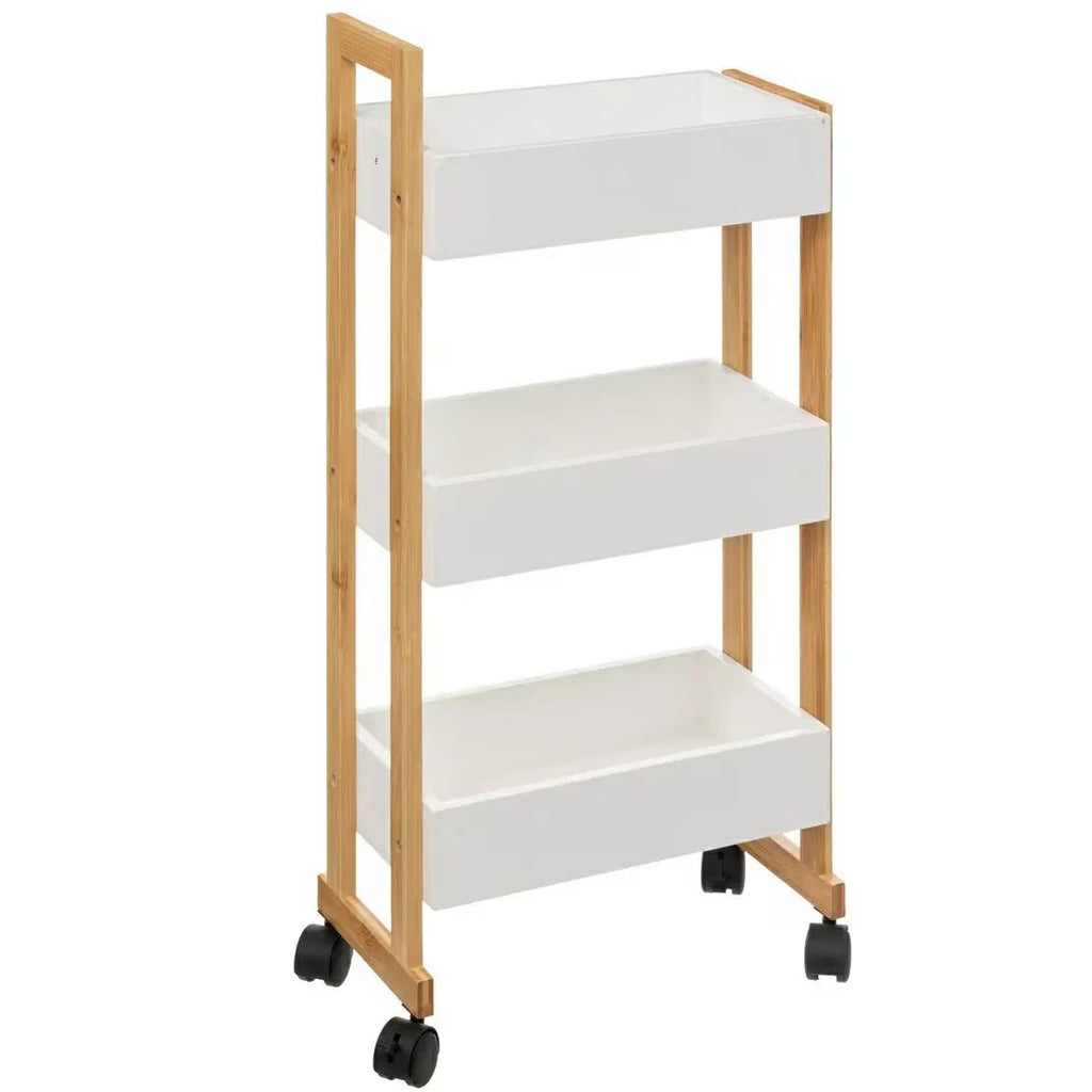 Etajera cu roti Atmosphera Natureo cu 3 niveluri, bambus si MDF, 41x20x81 cm, alb