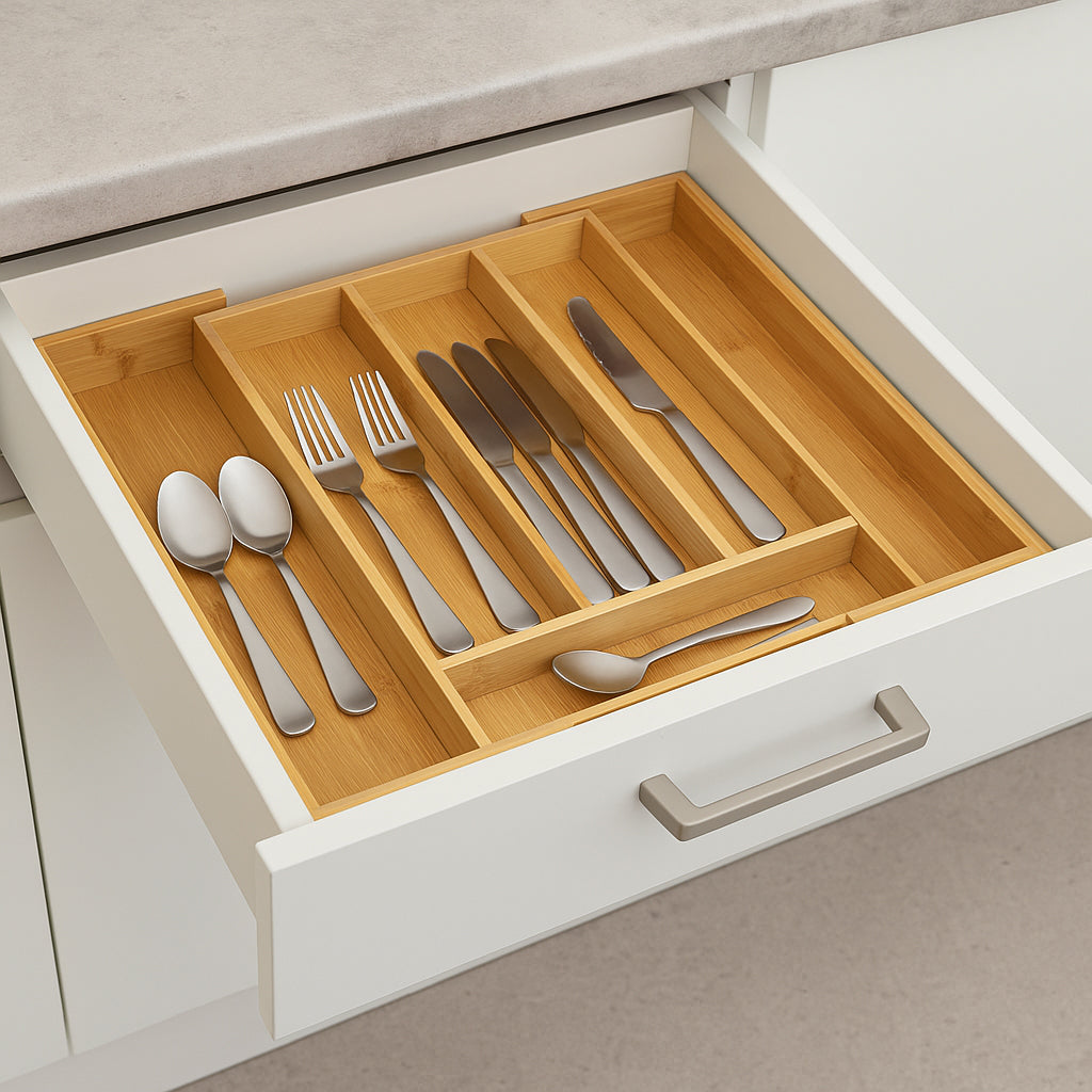 Organizator extensibil tacamuri 5Five din bambus cu 6 compartimente, 35x39x4 cm, natur