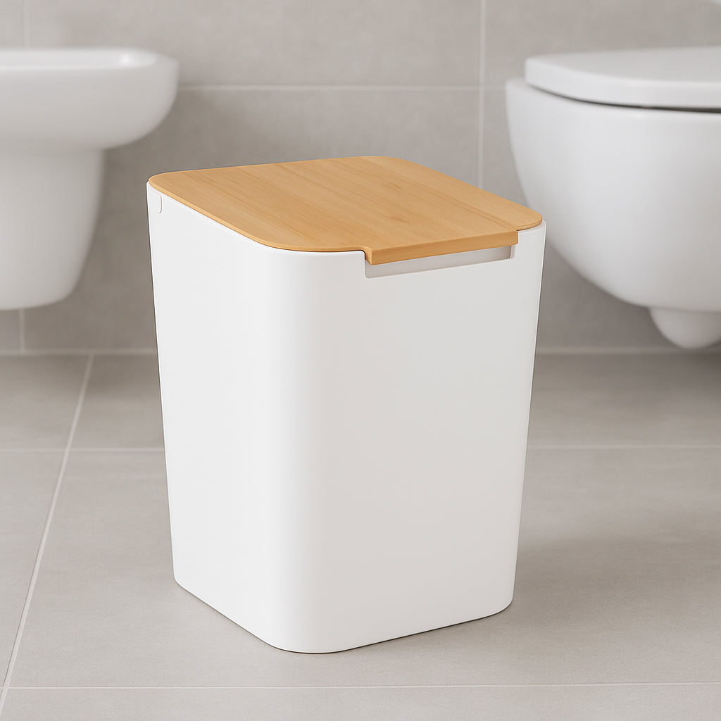 Cos gunoi 5Five Natureo cu capac, polipropilena si bambus, 5 litri, 22x19x24 cm, alb