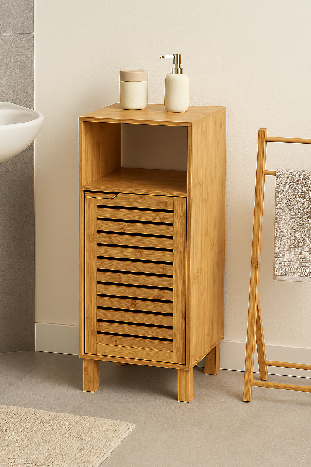 Dulap baza 5Five Sicela cu rafturi, bambus si MDF, 33x28x80 cm, natur