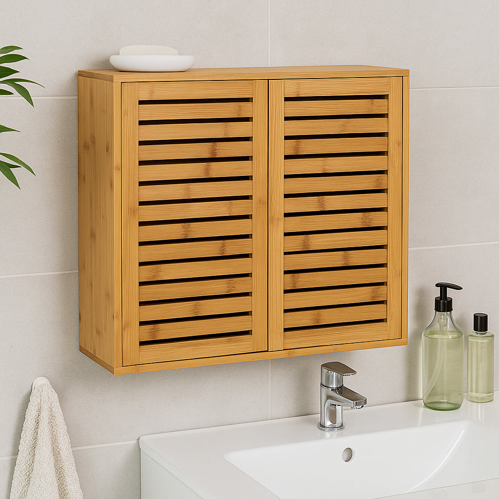 Dulap suspendat 5Five Sicela cu usa si rafturi, bambus si MDF, 52x20x59 cm, natur